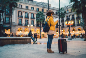 Solo traveller reading a map