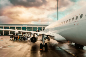 Travellers boarding a plane